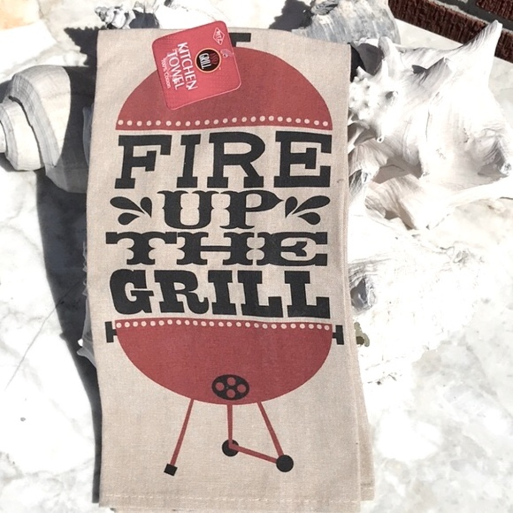 NWT Ritz 100% Cotton Chambray Tea Towel Fire Up The Grill Kitchen Towel